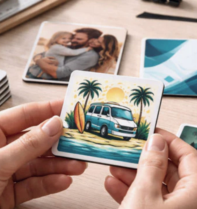 Imán personalizado 5×5 cm con ilustración de viaje y surf sostenido en las manos, mostrando diseño gráfico y acabado de impresión