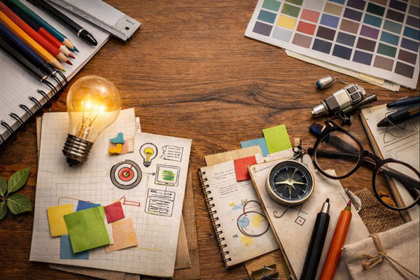 Mesa de trabajo creativa con herramientas de diseño, bocetos y materiales gráficos en proceso