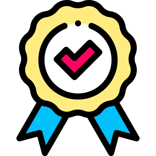 Sello de calidad con check central, símbolo de confianza y cumplimiento.