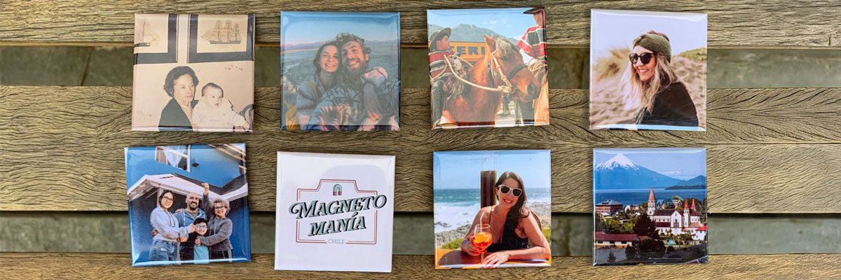 Imanes personalizados con fotografías familiares, viajes y recuerdos cotidianos dispuestos sobre superficie de madera, mostrando variedad de usos y estilos