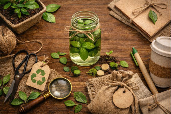 Elementos naturales y materiales reutilizables que representan sostenibilidad y calidad responsable