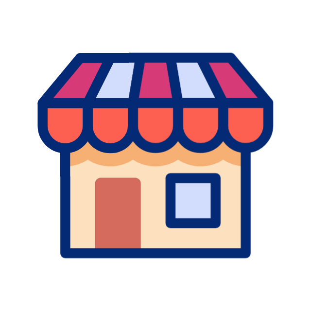 Ícono de local comercial que representa negocios de barrio, comercio local y presencia física.